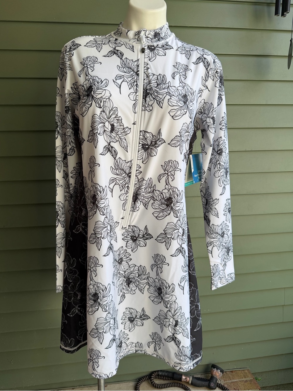 Coolibar Long Sleeve Floral Zip-Front Swim Dress and Shorts. Black & White UV 50
